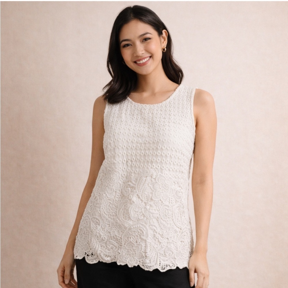 Talbots White Lace Eyelet Sleeveless Blouse Size 10 Elegant Floral
